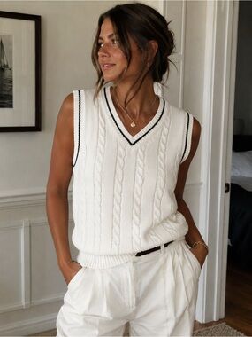 COOFANDY Cable Knit Cricket Sweater Vest Ivory Black Preppy Ild Money Tennis M